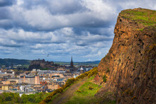 UK, Scotland, Edinburgh, View From Holyrood Park With Salisbury Crags Cliff In Foreground