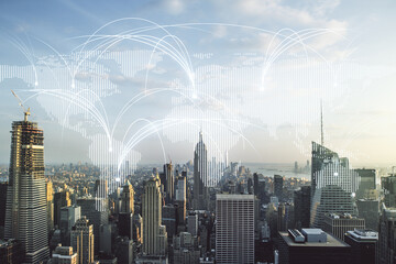 Wall Mural - double exposure of abstract digital world map hologram with connections on new york city skyscrapers