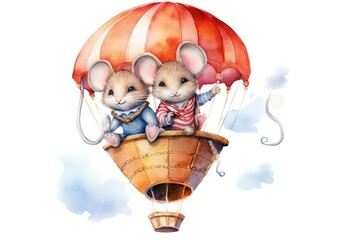 Sticker - Cute mom and baby mouse in hot air balloon painted in watercolor on a white isolated background. Generative AI