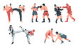 © Tartila - Sparring. Martial arts competitive characters fighting, boxing and training, muscular athletes in fight stance combat workout cartoon style. Vector set