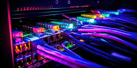 AI Generated. AI Generative. Servers connection with Fiber optic cable switch internet pc technology pc Graphic Art