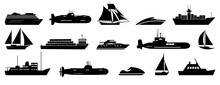 Sea Transport Icon Silhouette Collection. Ship, Boat, Yacht, Submarine, Sailboat