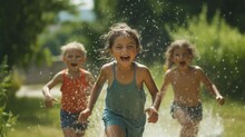 Joyful Children Run Through The Sprinkler On A Hot Summer Day, Their Faces Full Of Joy And Fun. Generative AI