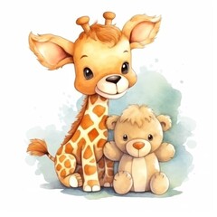 Wall Mural - Cute baby giraffe cartoon holding a toy bear on a white background. Generative AI