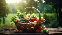 Vegetables In Basket On Wooden Table With Green Orchard Background. Generative AI
