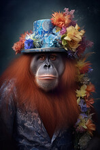 An Orangutan Wearing A Blue Hat With Flowers