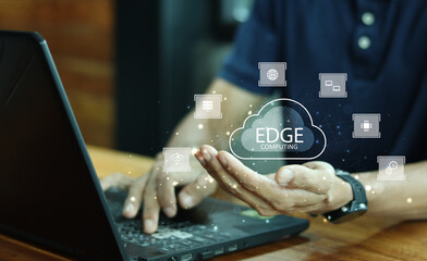 Leinwandbilder - Edge computing modern IT technology concept. Cloud circuit with icons on dark background. Futuristic tech of data processing.