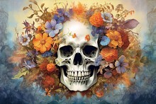 White Skull Decorated With Orange Flowers As For The Day Of The Dead In Mexico On A Blue Background