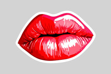 Glossy Colored And Sexy Red Lips. Vector Illustration Isolated On White Background. Hot Kiss Sticker Lips With Red Lipstick