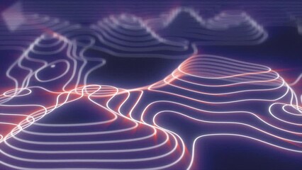 Wall Mural - Abstract purple looped futuristic hi-tech landscape with mountains and canyons from glowing energy circles and magic lines background