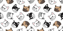 Dog Seamless Pattern French Bulldog Face Head Puppy Smile Pet Bread Vector Doodle Cartoon Gift Wrapping Paper Tile Background Repeat Wallpaper Scarf Isolated Illustration Design