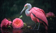 Roseate Spoonbill Bird Standing In Rain With Pink Roses. Generative AI Image.