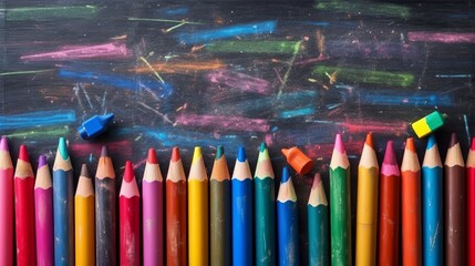 vibrant crayons on blackboard: back to school drawing - colorful and engaging school concept, genera