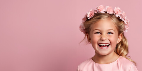 Adorable blond little girl wearing flowers in her hair. Isolated on pink background 