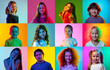 © master1305 - Collage made of portraits of cheerful little boys and girls, children posing, smiling against multicolored background in neon. Concept of human emotions, childhood, lifestyle, facial expression. Ad