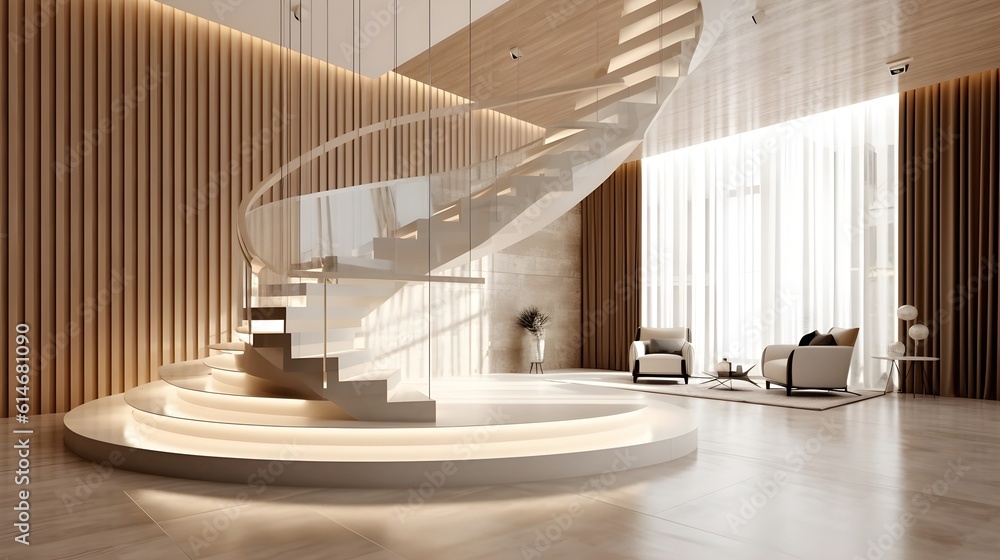Modern Luxury Living Room Interior with Gray Marble Staircase, Tempered ...