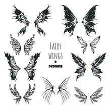 Fairy Wings Tattoo Collection. Isolated Silhouettes Of Pixie Art. Fantasy Icons. Mystery Butterfly Template. Magic Designs