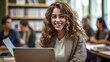 © Ameer - Happy high school girl engaged in learning: beautiful student using laptop in classroom - woman working on laptop in library - education and school concept, Generative AI