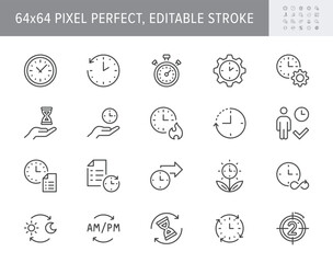 Time management line icons. Vector illustration include icon - deadline, stopwatch, hourglass, metronome, delay, punctuality outline pictogram for work days. 64x64 Pixel Perfect, Editable Stroke