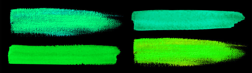 Wall Mural - green watercolor brush strokes on black background. canvas texture. paint brush. acrylic smear set. 