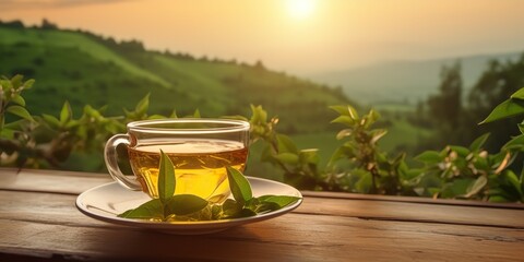 AI Generated. AI Generative. Cup of green tea with field green plantation mountain background scene. Graphic Art