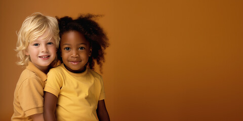 Cute friends. Happy blond boy with smiling black girl. Isolated on brown background. 