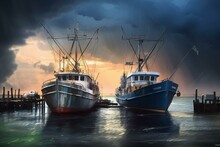 Watercolor Painting Of Two Fishing Boats Anchored Before A Storm In Harbor. Generative AI