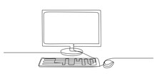 Continuous Single One Line Of Computer And Its Accessories Like PC Monitor And Keyboard Isolated On White Background.
