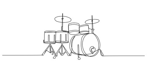 Wall Mural - Continuous single one line of drum set isolated on white background.