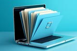 Fototapeta Do przedpokoju - Laptop screen shows blue background with file folder, Generative AI