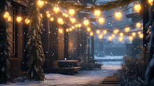 ai generative magical christmas atmosphere with garlands of christmas lights outdoors in a snowy day 