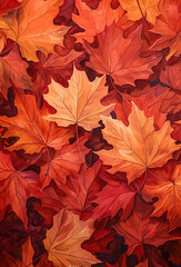 flat lay autumn background of fallen leaves in warm colors, red, golden yellow and orange illustrate