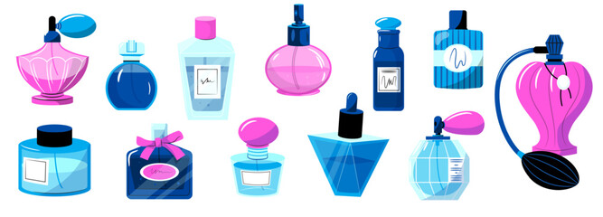 Cartoon perfume bottles. Colorful tubes with luxurious fragrances and woman cosmetic products, luxury cologne. Vector set