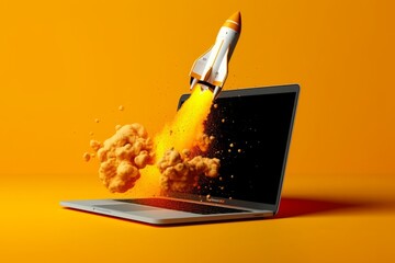 Laptop screen shoots rocket, orange backdrop, Generative AI