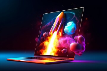 Wall Mural - Laptop screen rocket startup with neon background, Generative AI