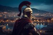 Roman soldier in armor, Greek city, night, Generative AI