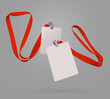 Plastic badge. ID card with red ribbon. Template designed for employees and guests of company. Can be used for show, events, concerts and performances. Or for speakers and organizers.