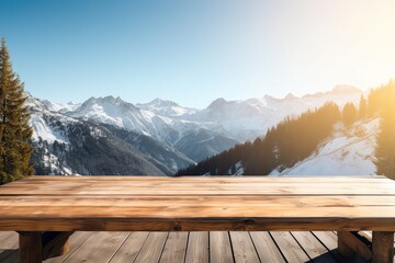 Wall Mural - wooden table on the background of rocky mountains in the snow on a sunny day. a place for product presentation. generative ai.