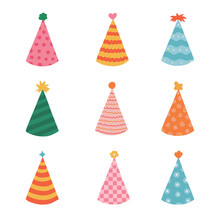 Cute Set With Simple Birthday Party Hat In Bright Color With Pompon Above. Party Cone And Christmas Cap With Cute Decoration. Hand Drawn Vector Colorful Doodle Isolated On White Background