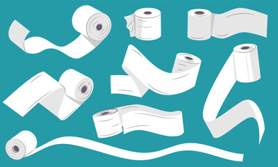 Wall Mural - Unwound toilet paper. Tissue roll with ribbons, unrolled hand towel and paper napkin, flying bathroom paper napkin hygiene concept. Vector set