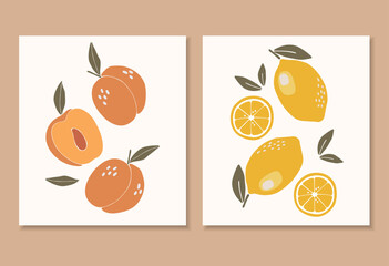 Abstract tropical fruits set, boho tropical elements isolated vector illustration, summer peach and lemon fruits art, fruits banner