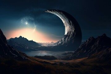 Wall Mural - Crescent planet moon surface. Generate Ai