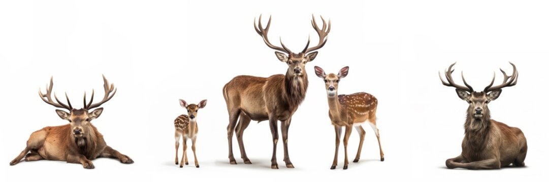 Wildlife forest woods animals wild moose banner panorama long - Collection of deer, stag, fawn animal (Cervidae) family with baby, isolated on white background, Generative Ai