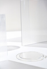 Poster - Transparency pedestal product display high key white background of modern Transparency strip glass with sunshine light