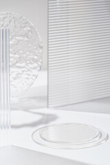 Poster - Transparency pedestal product display high key white background of modern Transparency strip glass with sunshine light