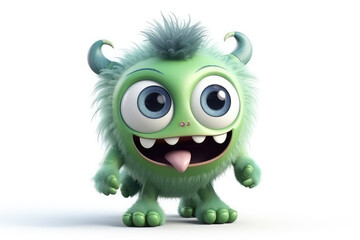 Green fluffy cartoon character monster isolated on white background. Monster with horns, funny mascot. Generative AI 3d render illustration imitation.
