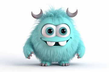 Happy Blue fluffy cartoon character monster isolated on white background. Monster with horns, funny mascot. Generative AI 3d render illustration imitation.