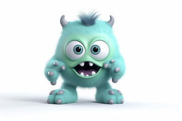 Wall Mural - Blue baby fluffy cartoon character monster isolated on white background. Monster with horns, funny mascot. Generative AI 3d render illustration imitation.