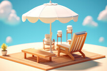 Beach Chair And White Beach Umbrella In Cartoon Plastic Style Against A Summer Sunny Blue Sky With Clouds. Generative AI 3d Render Illustration.