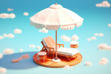 Wall Mural - Beach chair and white beach umbrella in cartoon plastic style against a sunny bright blue sky with clouds. Generative AI 3d render illustration.